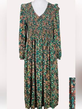 J Crew Factory Floral V-Neck Smocked Midi Dress; SMALL